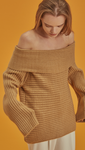 Long sleeved pullover with off-the-shoulder in camel. Soft feel texture. Pull on. 