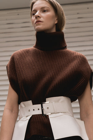 Oversized turtleneck in thick rib-knit wool blend. Short dolman cap cuffed sleeves. 