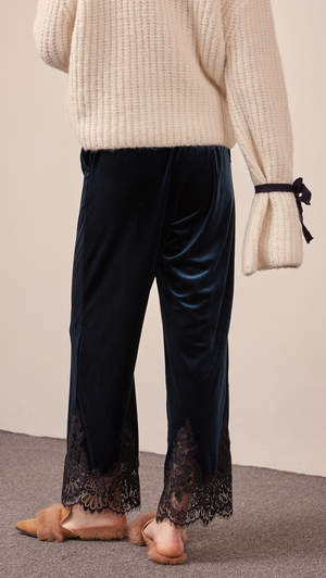 The Capri pant in velvet blue with lace hem, hook and zip fly front, gathered elasticated waistband. 