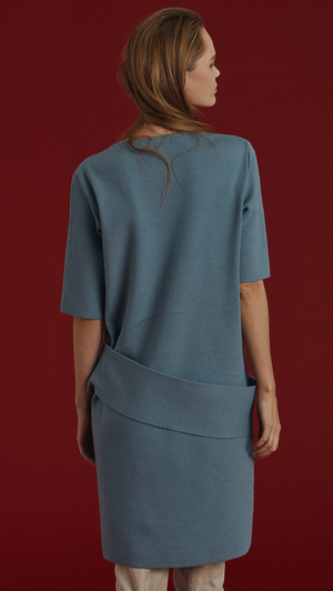 Dellow Dress in stretch super soft wool blend, with short sleeves. Deep airy blue. Pull on. Designed to be relaxed fit. 