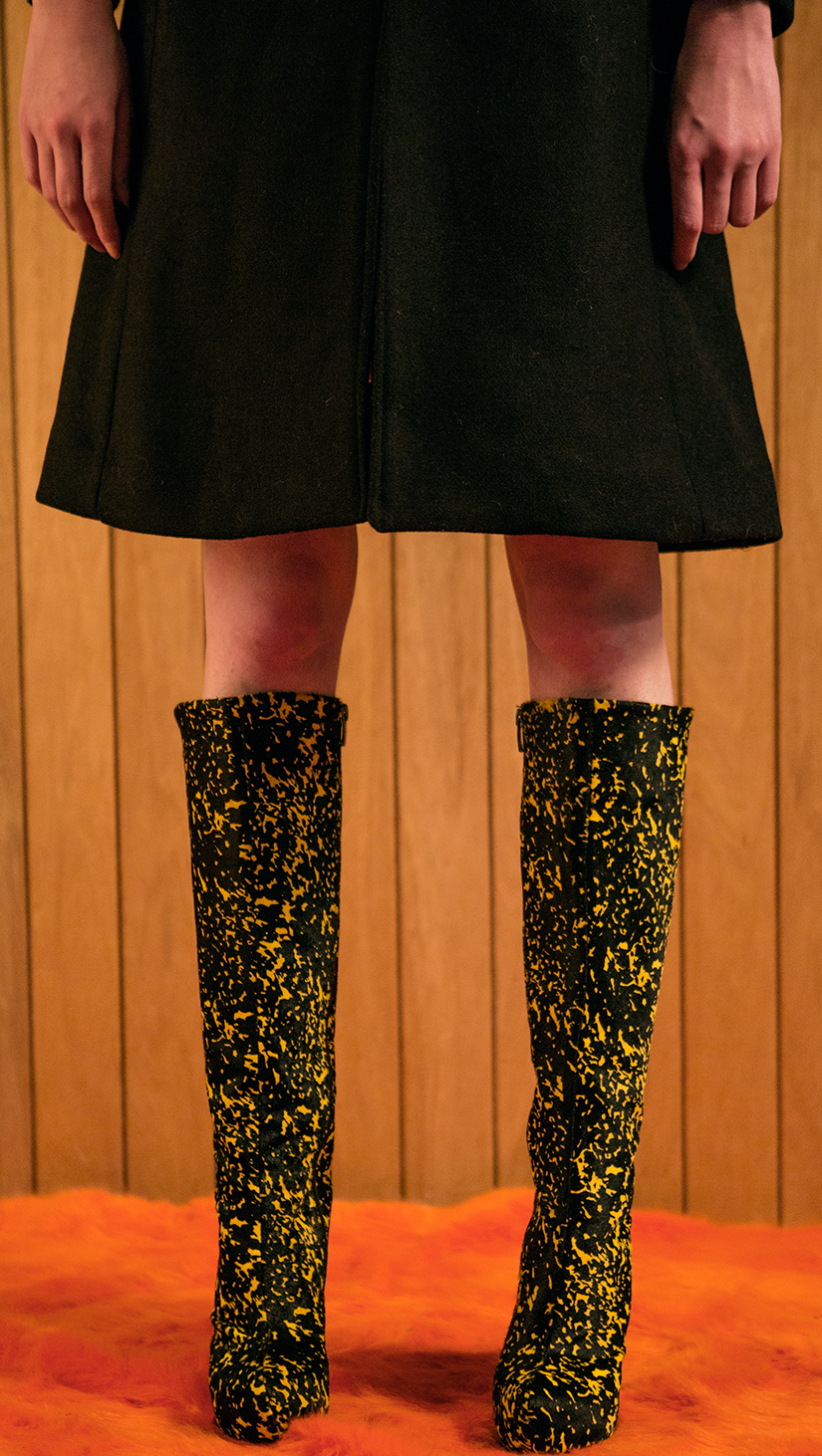 The Gaucho Knee Boots in yellow/black graphic. Zip fastening along side. Knee length.