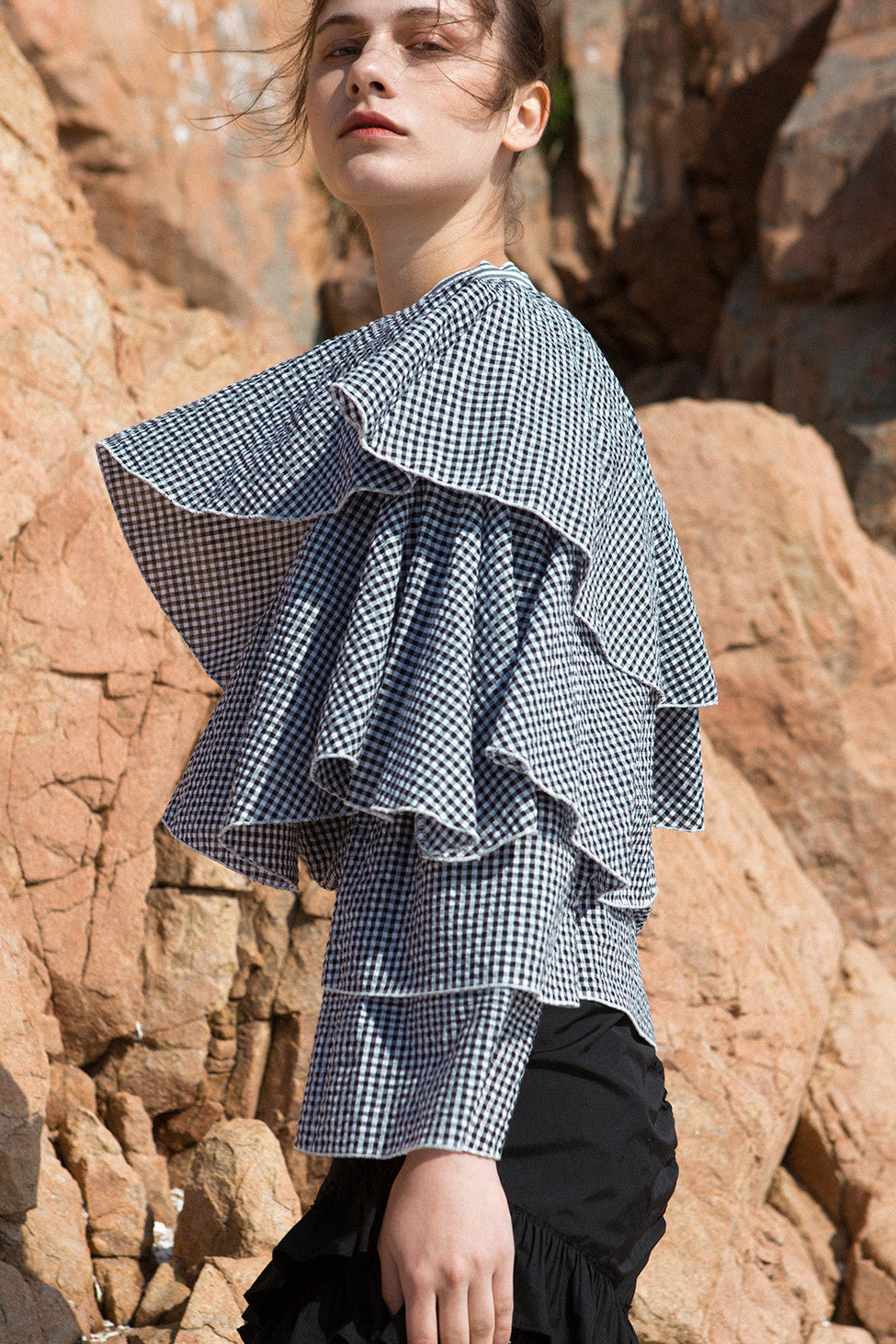 Architectural top from black gingham stripes. Asymmetric neckline with self tie detail at side neck. Exaggerated ruffle panel at one shoulder sleeve. 