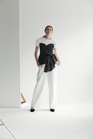 Tee shirt inspired Harvey Top in short sleeve with boat neckline, folded asymmetric origami bodice detailing. Pull on.