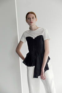 Tee shirt inspired Harvey Top in short sleeve with boat neckline, folded asymmetric origami bodice detailing. Pull on.