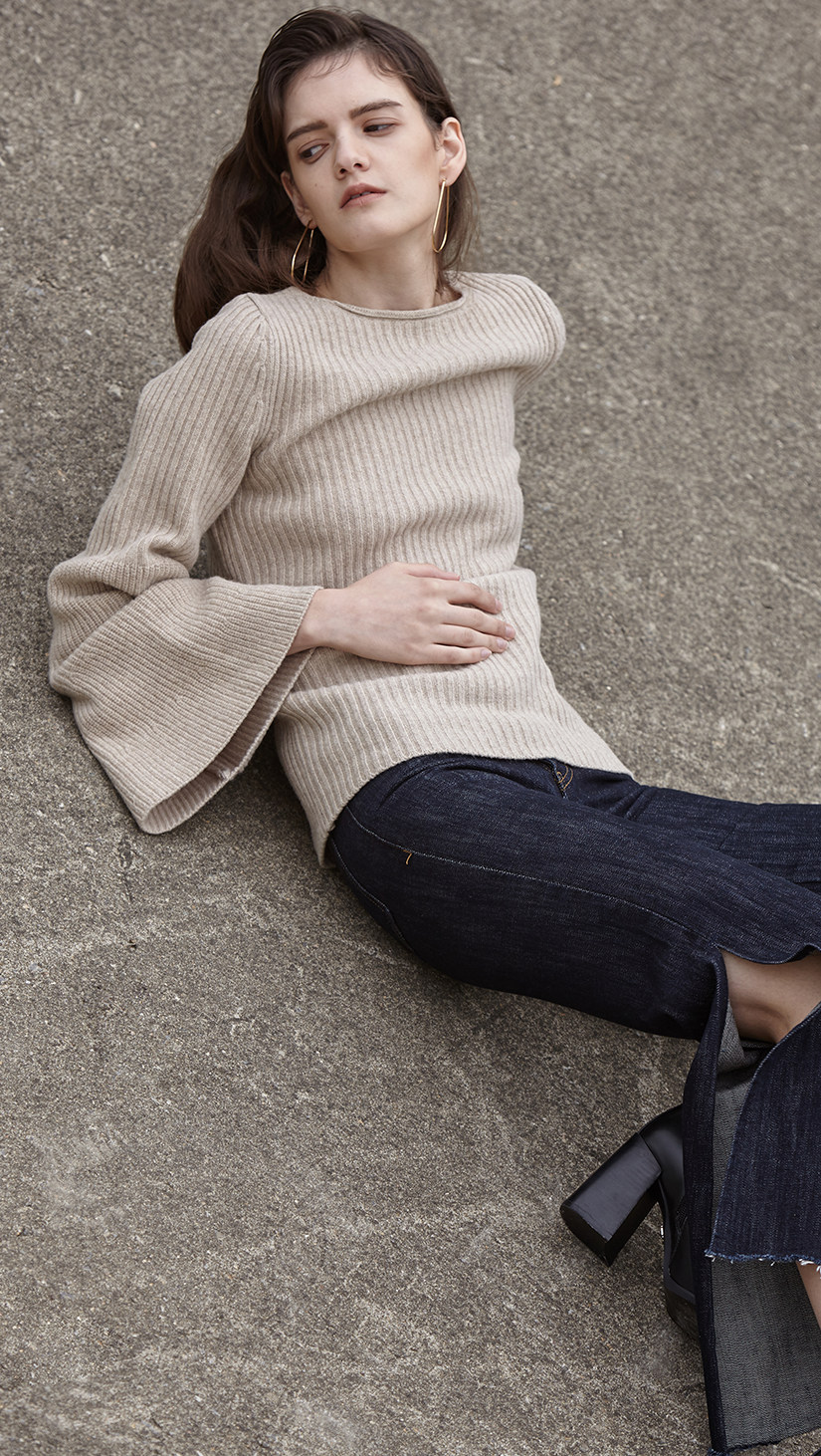Reia Knit in oatmeal beige, a wide bell sleeves ribbed knit with crewneck, drop shoulder. Relaxed. Pull on. 