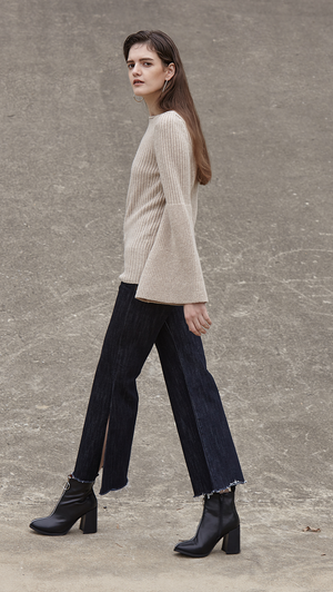 Reia Knit in oatmeal beige, a wide bell sleeves ribbed knit with crewneck, drop shoulder. Relaxed. Pull on. 