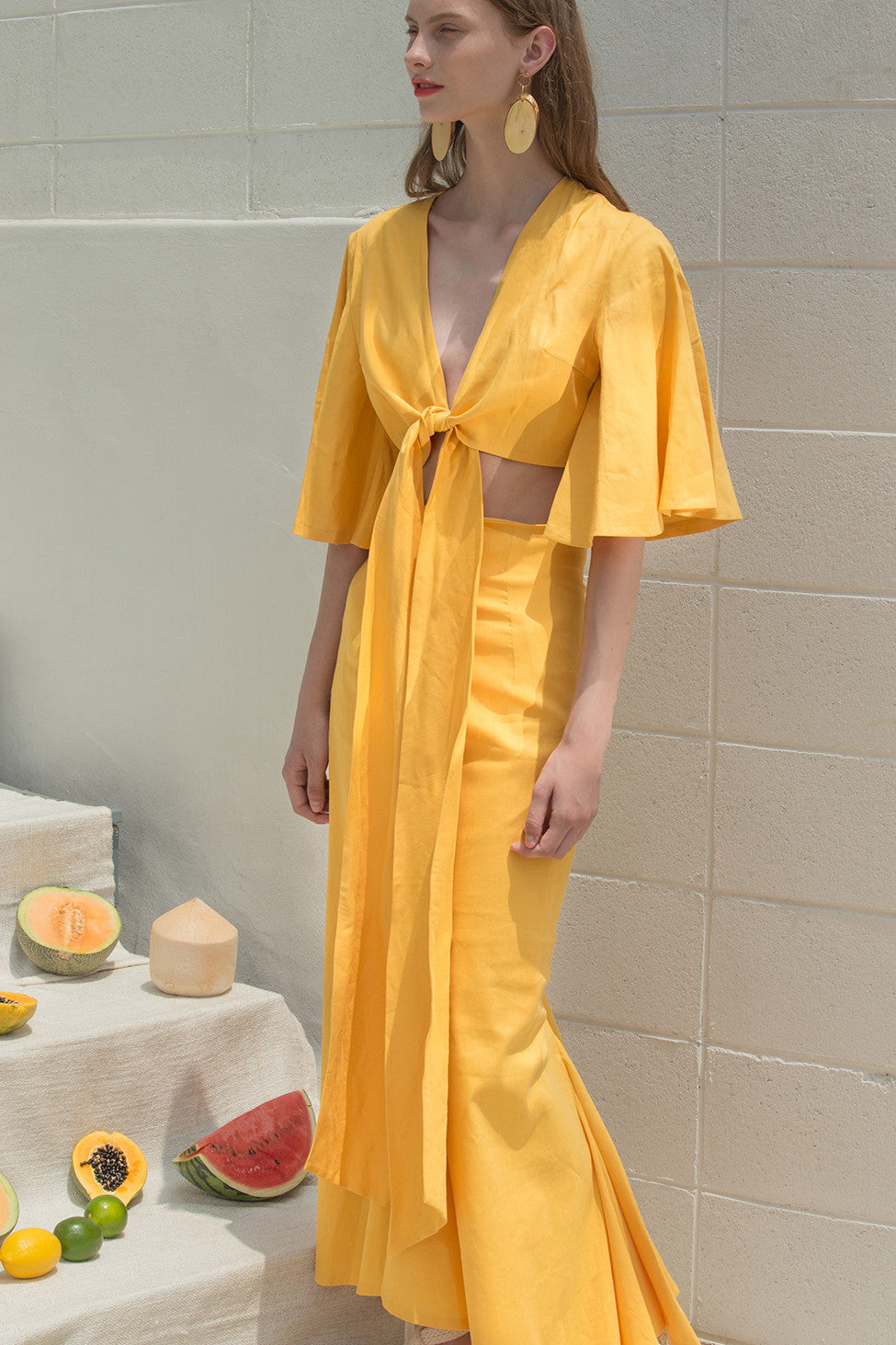 The Martyna Top in Yellow featuring gently flared short ruffle sleeves, dropped shoulder, V-neckline and non-detachable sash belt at front. 