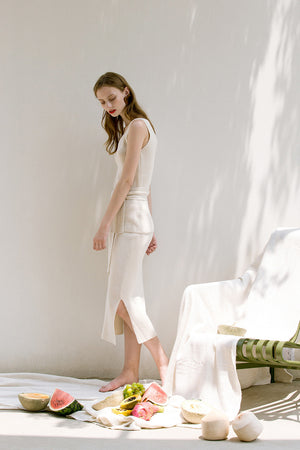 The Mikaela Skirt in lightweight knitted elasticated waistband. Side slits.