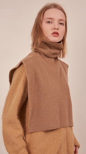 The Muir Turtleneck Knit in beige with no sleeves. Pull on. 