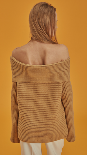 Long sleeved pullover with off-the-shoulder in camel. Soft feel texture. Pull on. 