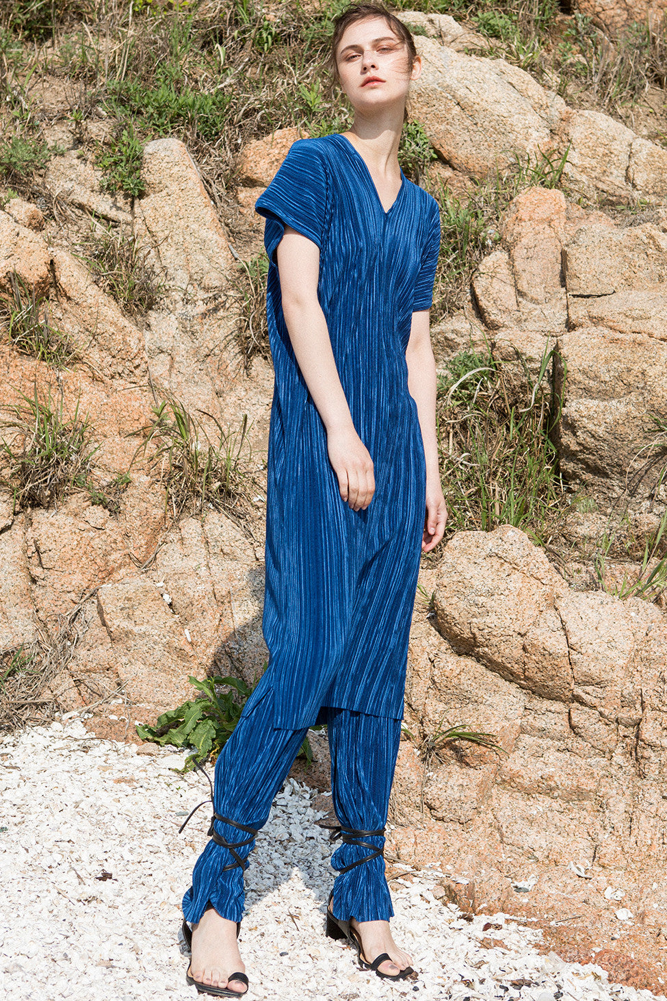The Rossellini pleats pant in Blue featuring drawstring waistband. Straight fit.