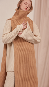 The Sancia, ribbed knit cowl turtleneck scarf in extra long in length. Can be worn in two ways. 