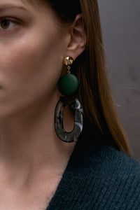 The Sarria Earring, a pair of green lucite tortoiseshell teardrops. Post back with friction closure. Sold as a set.