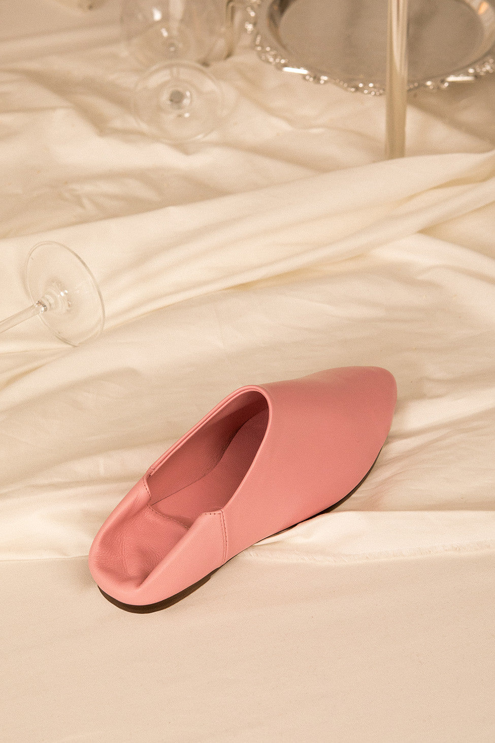 Selma Babouche in Pink with cowhide leather soles and folded backs slide, pointy toe. Slip on.  