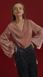 The Washi Blouse in matte mauve. With button down, bell sleeves, voluminous cuffs with self tie drawstrings, bust darting. 