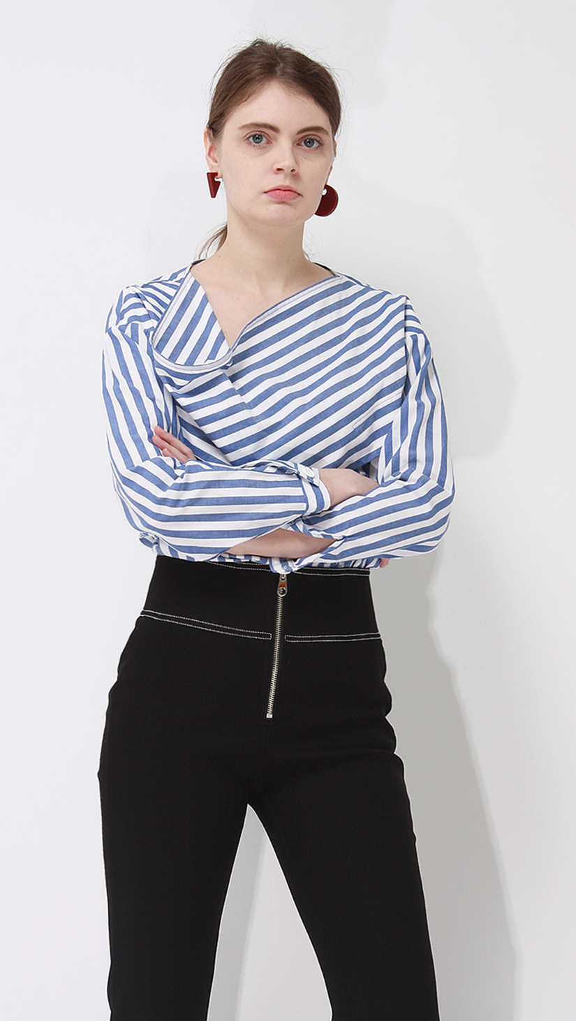 Rye Drape Neckline Shirt in bold stripes. 