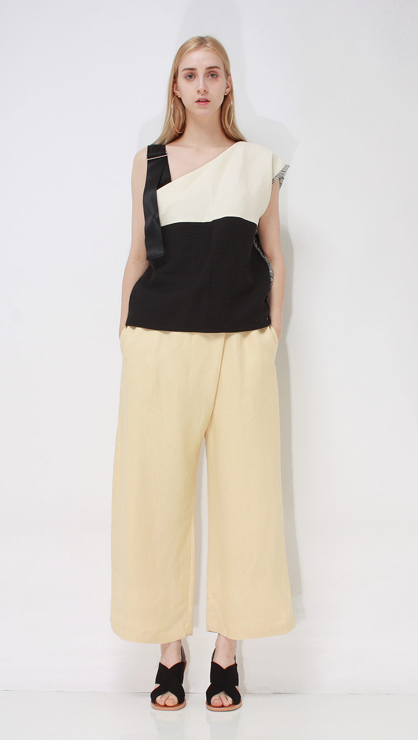 Francis Top, a lightweight one off-the-shoulder top in classic Cream/Black