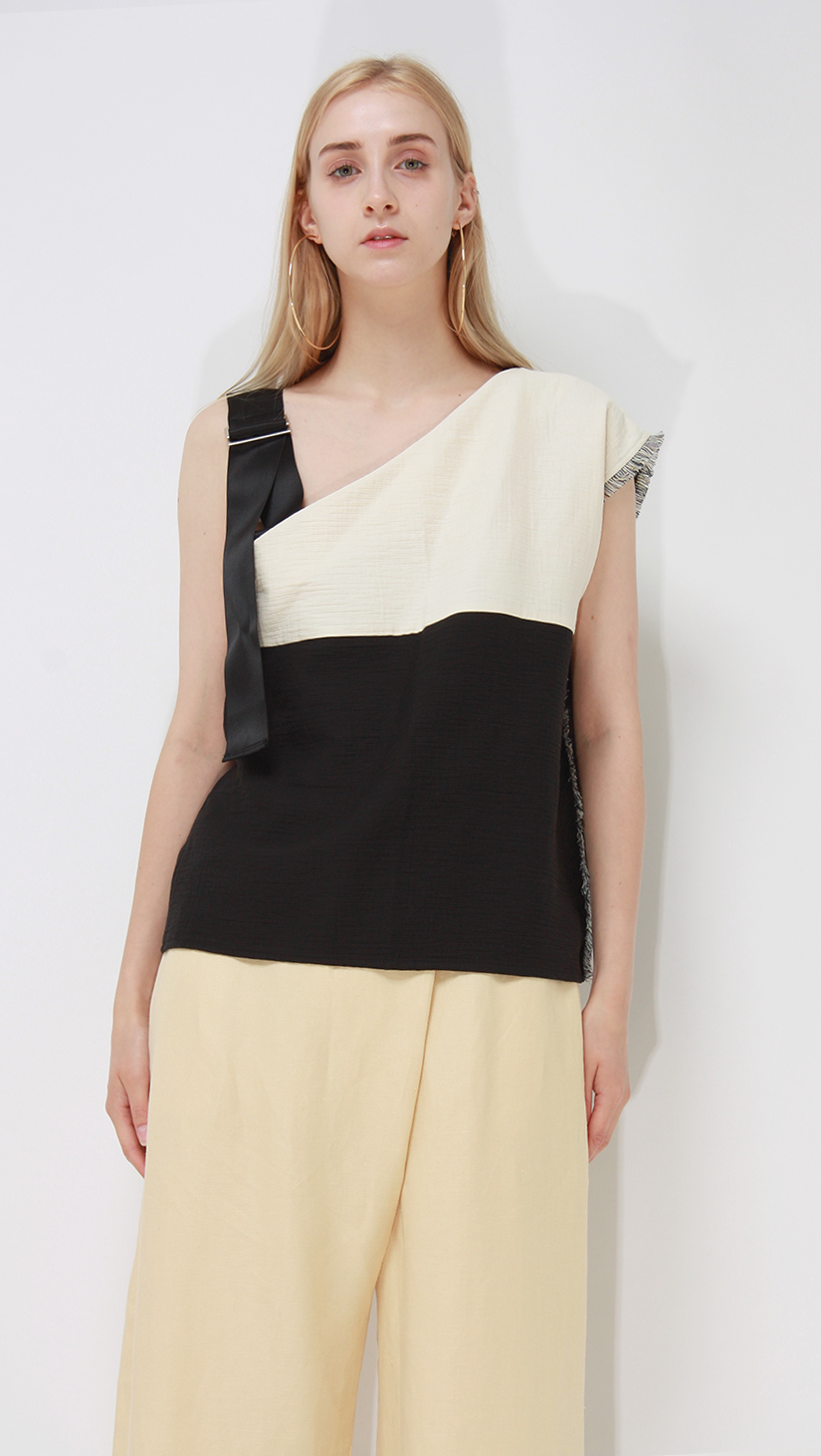 Francis Top, a lightweight one off-the-shoulder top in classic Cream/Black