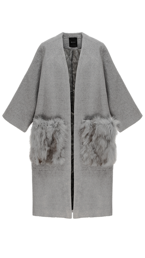 real fox fur enlarged patch pocket oversized open style grey alpaca coat