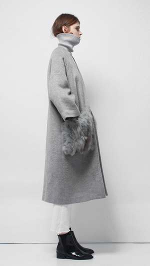real fox fur enlarged patch pocket oversized open style grey alpaca coat